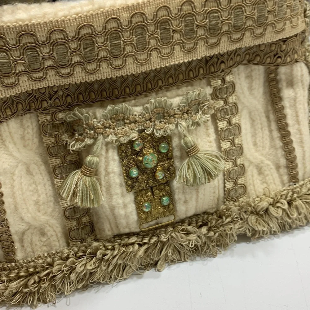 Bohemian Tassel & Embellished Gold & Cream Handbag Purse - Picture 6 of 10